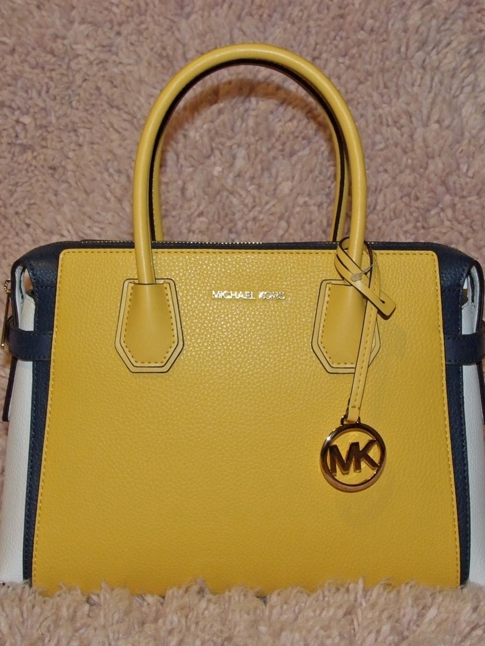 Michael Kors Medium Color-Block Belted Satchel Navy Daisy Yellow NWT